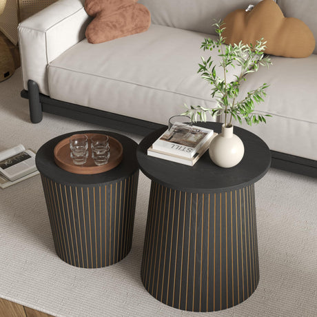 Round Coffee Table Set,2-Piece Modern Farmhouse Living Room End Table Set, Nesting Table Round Natural Finish for Living Room (Black, 17.72'') Lisicues