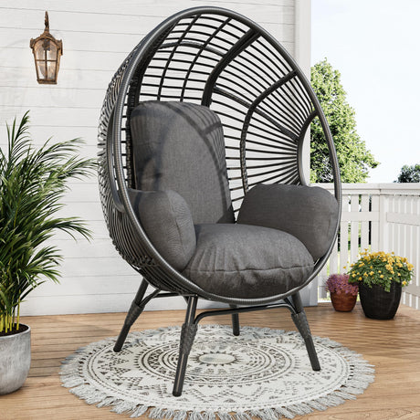 LUTINLIX Oversized Wicker Egg Chair Outdoor Indoor,Patio Lounge Chair with Thicken Cushions & Durable Steel Frame, Egg Basket Chair 500lbs Capacity for Garden, Backyard, Porch,Bedroom (Black-Regular) LUTINLIX