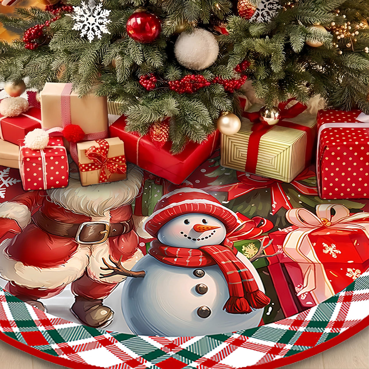 SHUXILIN Christmas Tree Skirt -48 Inches Luxury Short Plush Thick Rustic Xmas Holiday Decoration with Cute Santa Claus Xmas Tree Snowmen Snowflake Designs Mat Decoration for Merry Christmas Party SHUXILIN