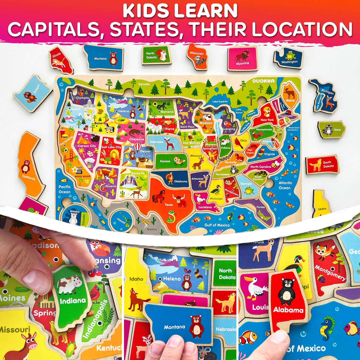 QUOKKA Wooden Puzzles for Kids Ages 4-6 – 3 Educational Wood Toddler Puzzles Ages 3-5 – Learning United States Toddler Game Puzzles Ages 2-4 – Gift World, Space and USA Maps for Boys and Girls QUOKKA