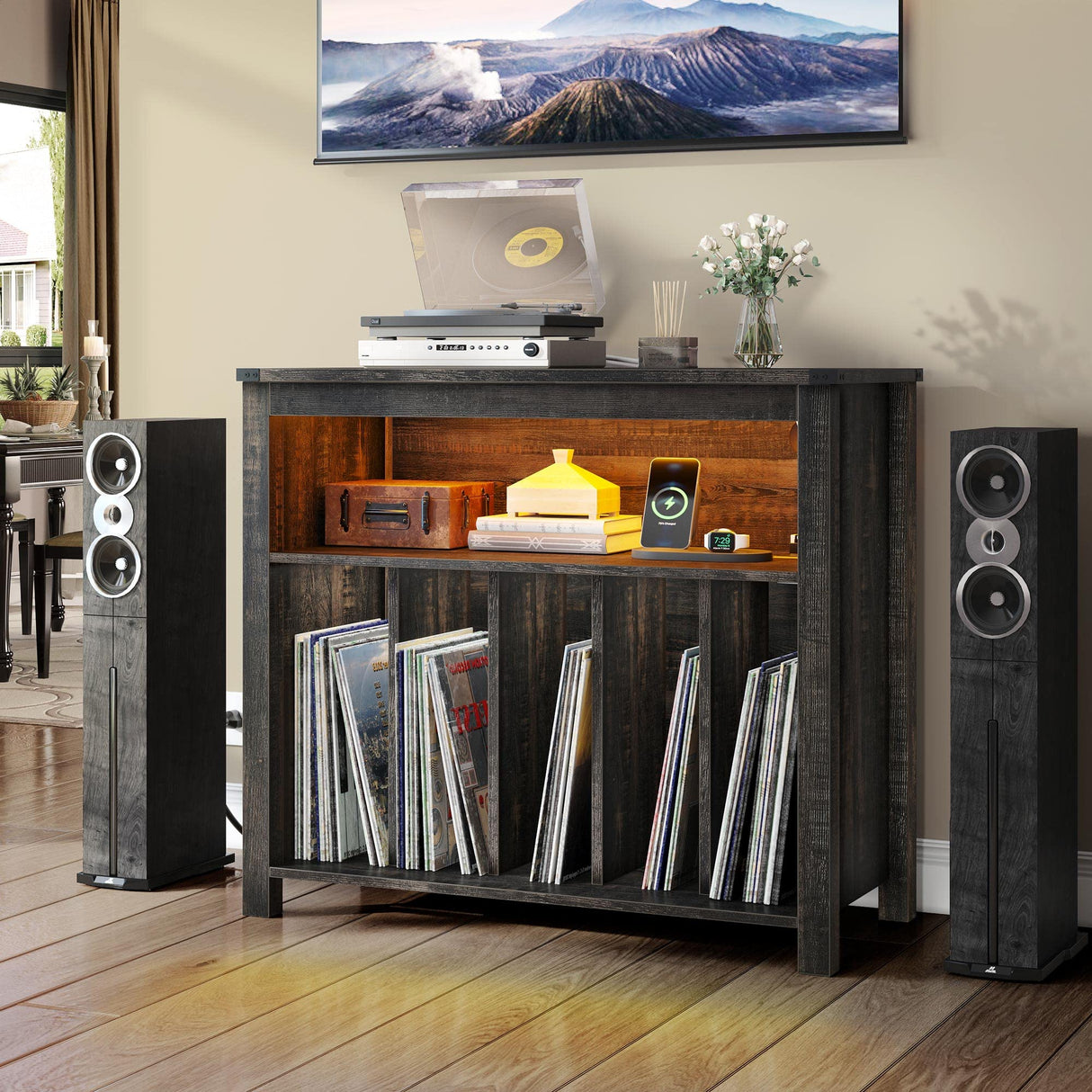 YITAHOME Large Record Player Stand with Power Outlets & LED Lights, Vinyl Record Storage Table with Display Shelf Holds Up to 120 Albums, Turntable Stand for Living Room, Bedroom, Dark Rustic Oak YITAHOME