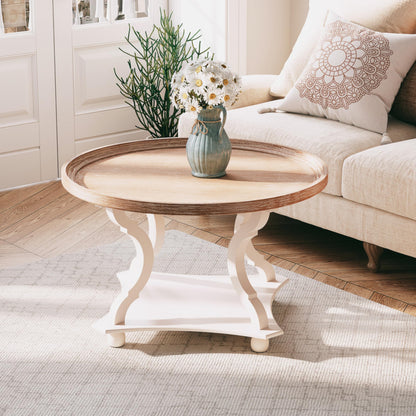 COZAYH Round Farmhouse Coffee Table with Handmade Finish, Wood Tray Top Rustic Coffee Table for Added Thickness, Accent Table with Storage for Living Room, Small Place, White, Circle - WoodArtSupply