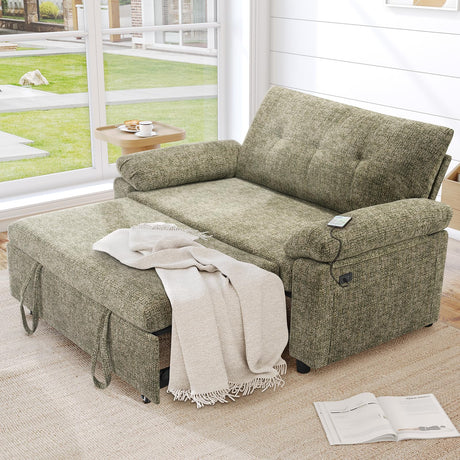 Sunny Heart Chenille 3 in 1 Convertible Sleeper Sofa Bed, Pull Out Couch Bed with USB Ports, Reclining Backrest, Side Pockets, Tool-Free Assembly, Loveseat Perfect for Living Room, Green Sunny Heart