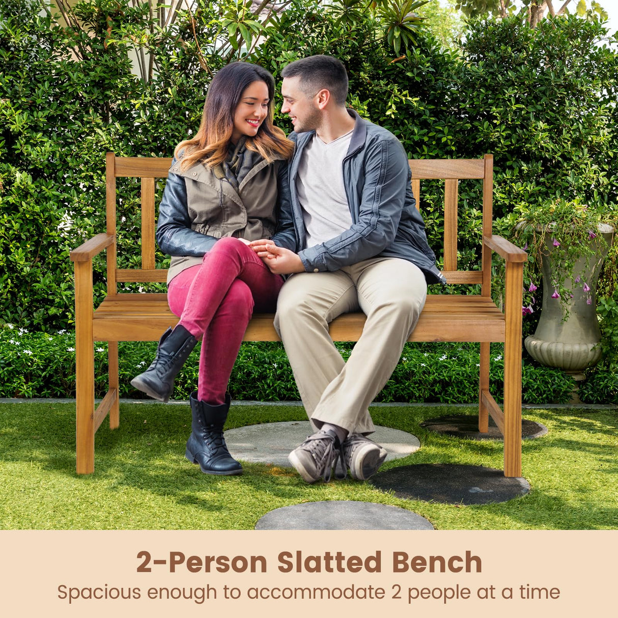 HAPPYGRILL Patio Wood Bench with Ergonomic Backrest & Armrests, 2-Person Outdoor Bench, All-Weather Acacia Wood Frame, Loveseat Outside Bench for Garden Balcony Poolside Porch Deck HAPPYGRILL