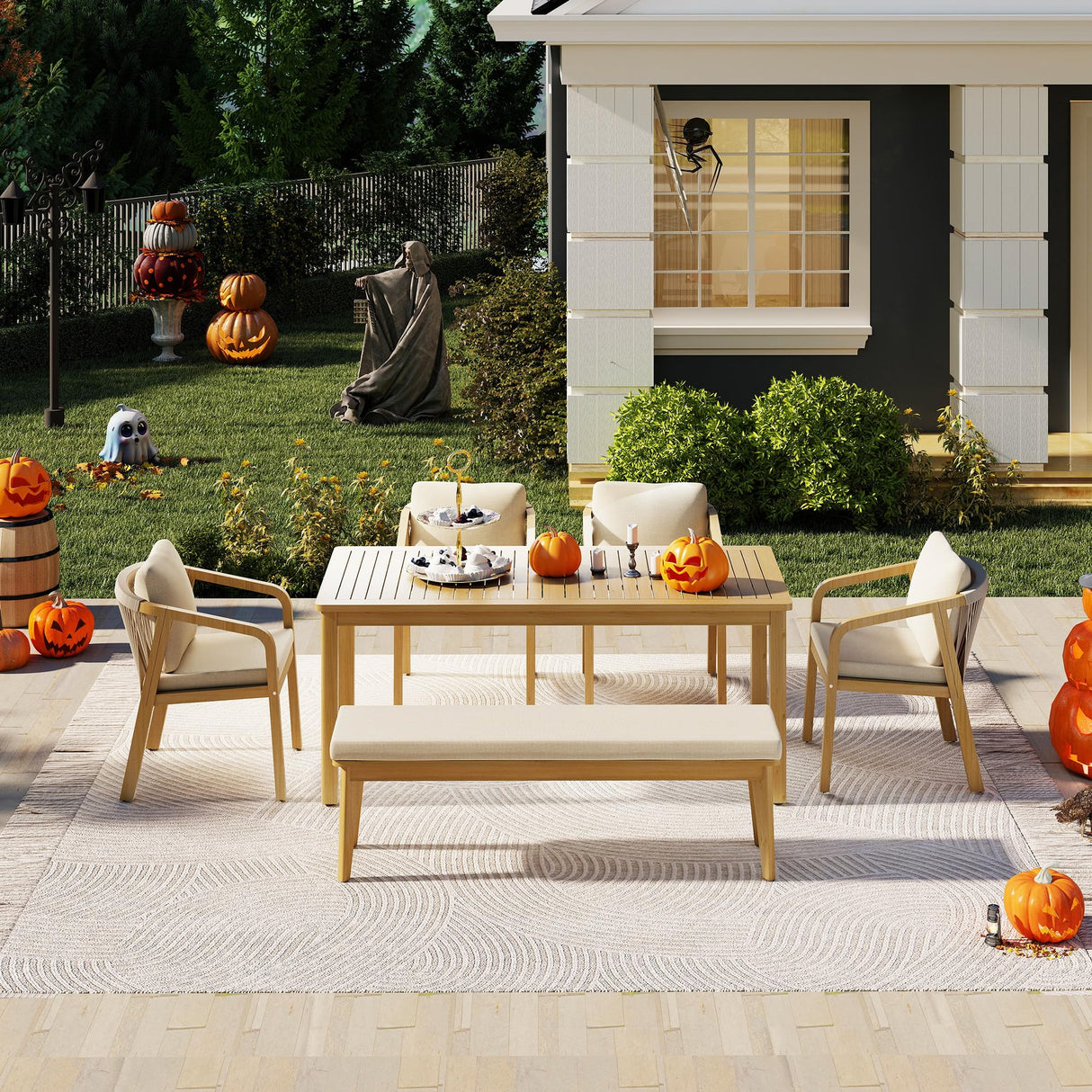 Wisteria Lane 6 Pieces Acacia Patio Dining Set for 6, Patio Dining Table and Chairs Set with Cushion, Modern Outdoor Dining Furniture Set for Lawn Backyard Garden Deck, Beige Wisteria Lane