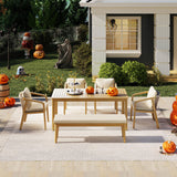 Wisteria Lane 6 Pieces Acacia Patio Dining Set for 6, Patio Dining Table and Chairs Set with Cushion, Modern Outdoor Dining Furniture Set for Lawn Backyard Garden Deck, Beige Wisteria Lane