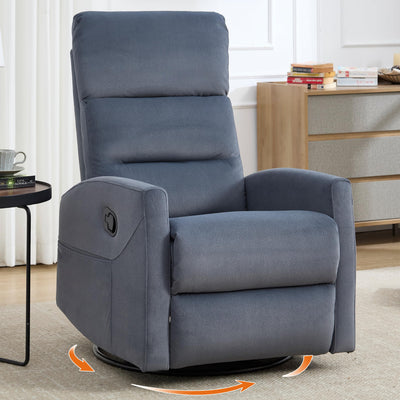 360° Swivel Rocking Chair for Nursery, Manual Glider Chair Nursing Chair with Side Pockets, Polyester Glider for Living Room, Heavy Duty Motion Mechanism, Blue Gray