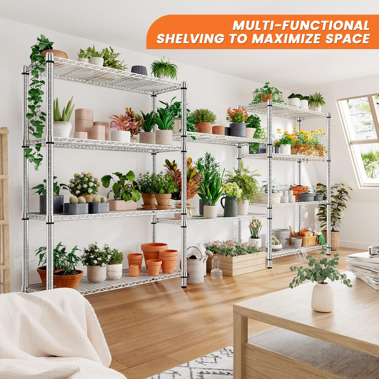 REIBII 5 Tier Wire Shelving,Storage Shelves Metal Shelves for Storage Loads 1200LBS,Adjustable Garage Shelving Heavy Duty Metal Shelving Storage Rack for Pantry Kitchen,71''HX35.5''WX14''D,Chrome REIBII