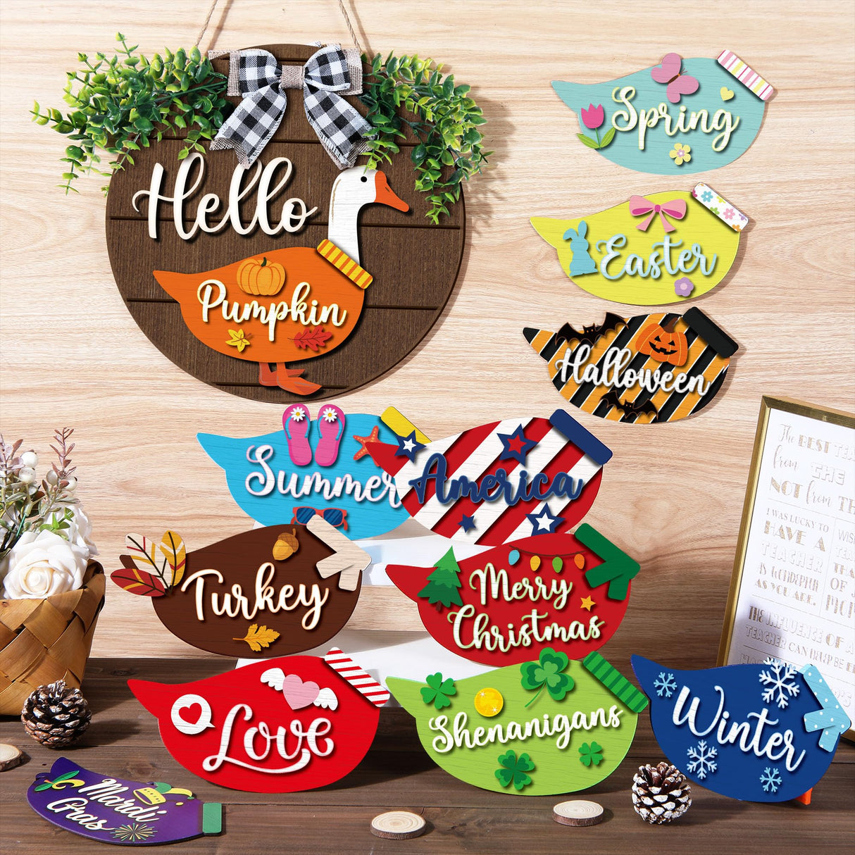 Weysat 13 Pcs Interchangeable Wooden Goose Decor, 11.8 Inch Holiday Seasonal Welcome Changeable Hello Geese Signs Rustic Farmhouse Front Door Round Wreaths Hanging Decorations for Porch Home Outdoor Weysat