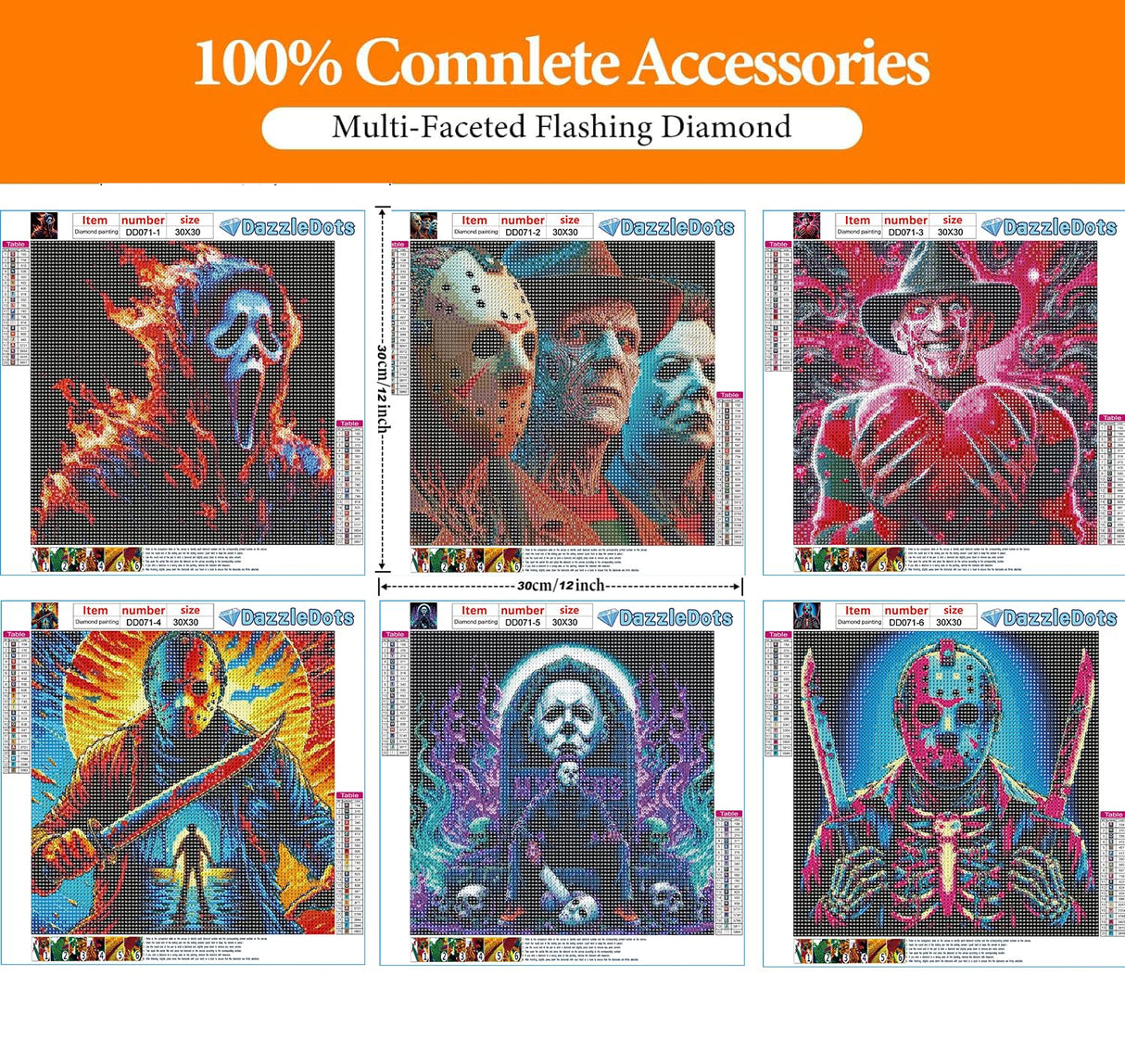 DAZZLEDOTS Diamond Art Kits for Adults, 6 Pack Horor Movies Diamond Painting Kits for Beginner Halloween DIY 5D Full Drill Diamond Dots Crafts for Home Wall Decor Gifts 12x12 Inch DAZZLEDOTS