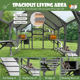 Merax Outdoor Large Catio Cat Enclosure,Wooden Cat House with 7 Platforms, 2 Resting Boxes, 1 Bridge and 1 Ramp, Walk in Kitty Cage Kennel with Sunshine Board Roof, Gray Merax