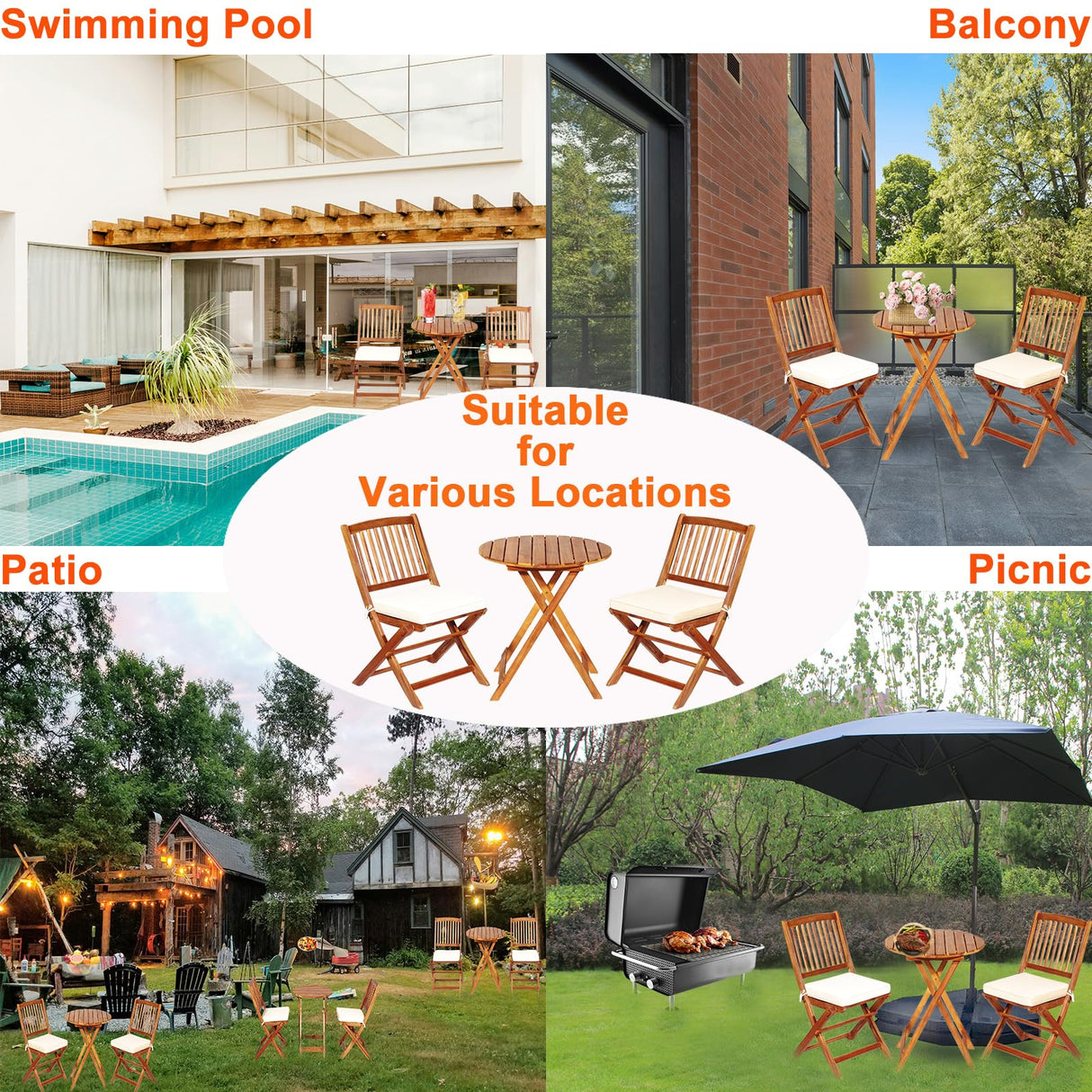 S AFSTAR Bistro Table and Chairs Set of 2, Acacia Wood Folding Bistro Set for 2 with Detachable Soft Cushions, 3 Piece Outdoor Bistro Set for Patio, Balcony, Pool, Garden & Yard (Natural Color) S AFSTAR