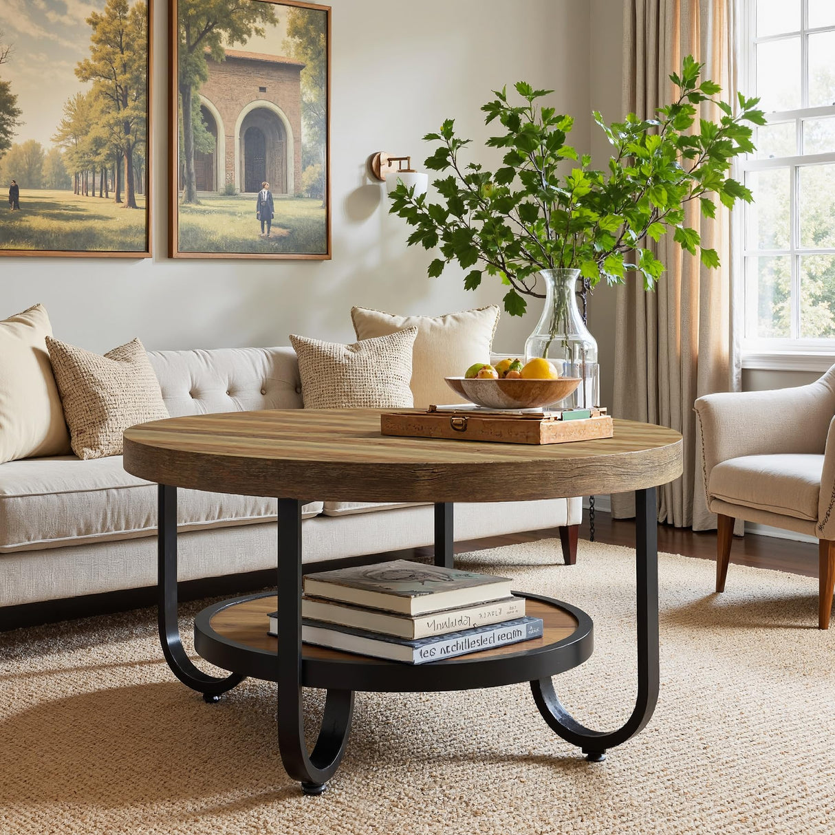Tribesigns Round Coffee Table, 2-Tier Modern Wood Circle Center Table with Storage Shelf and Metal Frame, 31.5" Farmhouse Accent Cocktail Table for Living Room, Small Space, Brown Tribesigns