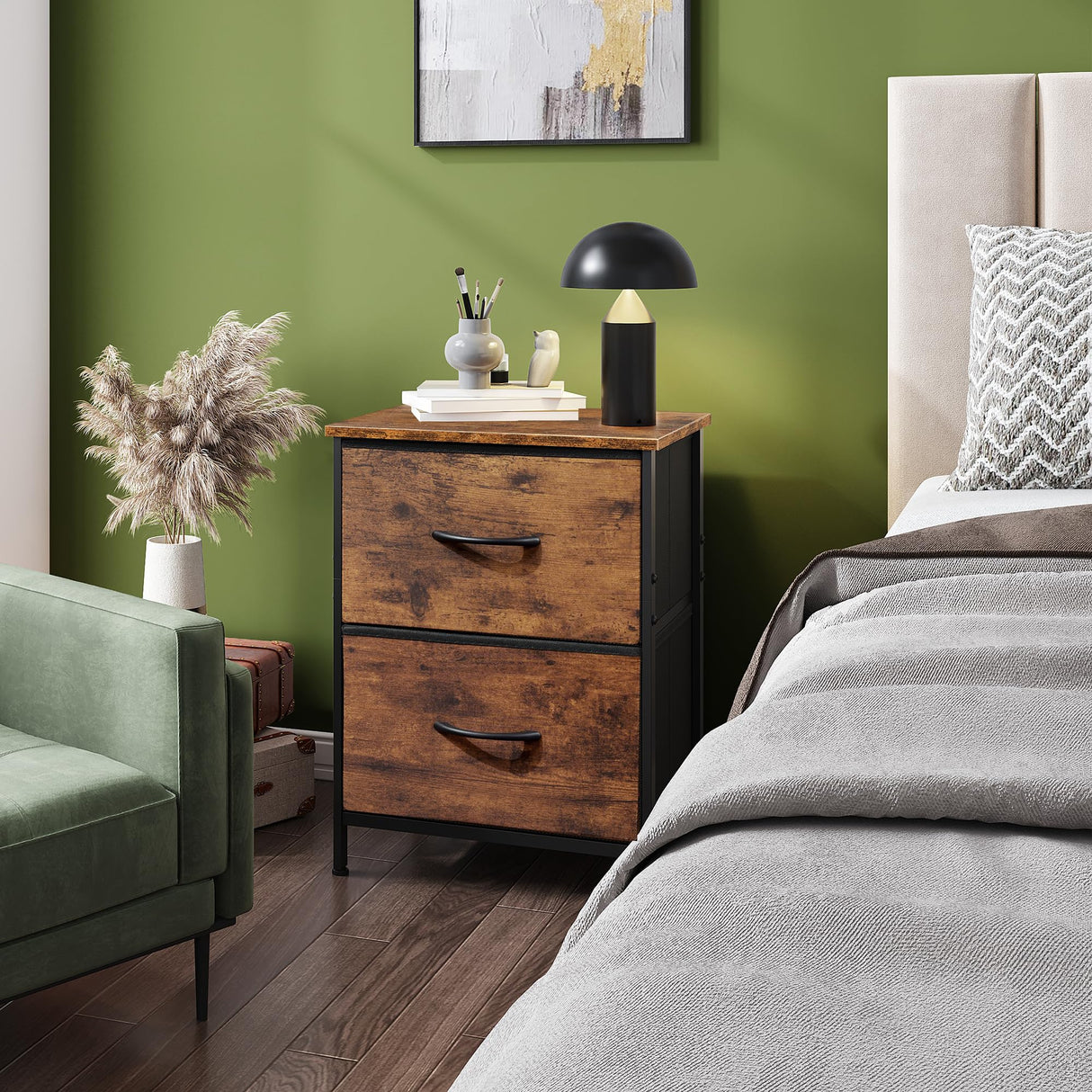 WLIVE Night Stand, Small 2 Drawer Dresser, Nightstand with Fabric Bins for Bedroom, Closet, Dorm, Rustic Brown Wood Grain Print, 11.8" D x 15.7" W x 20.9" H WLIVE