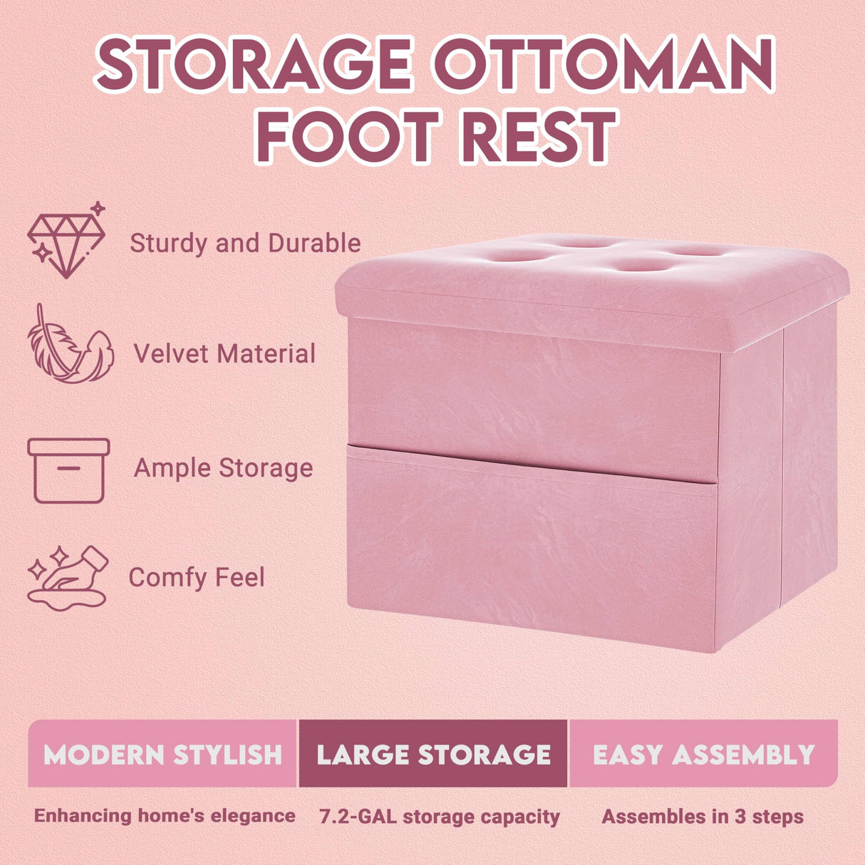 ZOES HOMEWARE Small Storage Ottoman Foot Rest, Velvet Ottoman with Storage and Side Pocket, Pink Foot Rest for Couch, Foldable Footstool Ottoman for Chair,Living Room&Dorm, 16"x12"x12" Pink ZOES HOMEWARE
