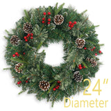 Christmas Wreath Snowy Pre-lit 24 inch with 50 Light & Pine Cone, Artificial Christmas Wreaths for Front Door with Lights, Wreath for Christmas Decoration Door Windows Wall Green HomeKaren