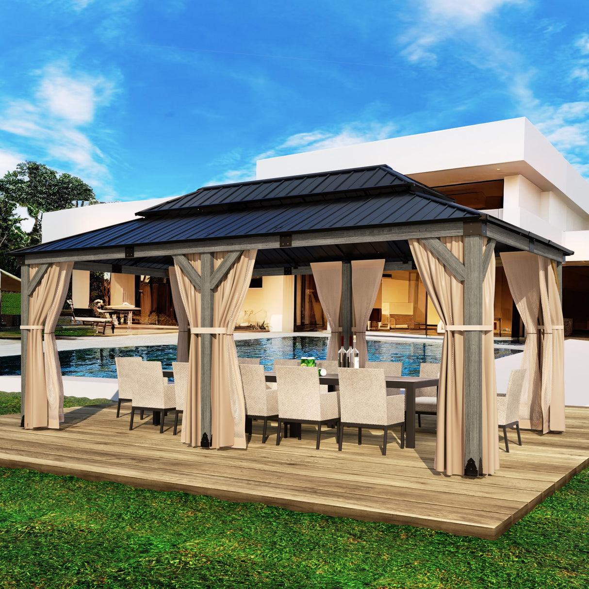 HOMPUS 12x20 FT Hardtop Wood Gazebo, Cedar Wood Frame Gazebo with Double Metal Roof, Outdoor Gazebo with Netting & Curtains, Wooden Gazebos Pavilion for Backyard, Garden, Deck, Gray HOMPUS