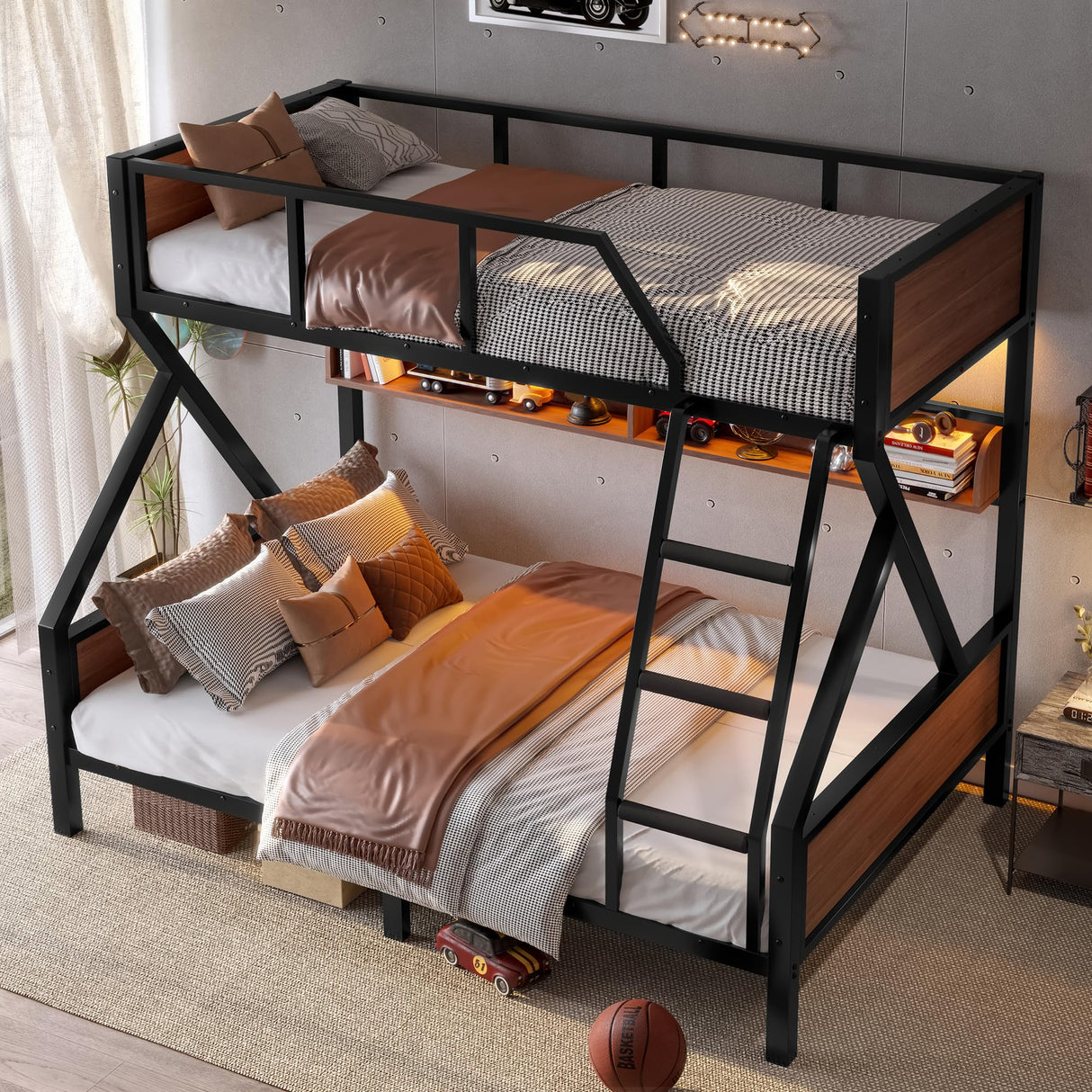 Bellemave Bunk Beds Twin Over Full Size with Storage Shelves & LED Light, Metal Twin Over Full Bunk Bed Frame with Wood Board & Sturdy Slats, Heavy Duty Bed Frame, Noise Free, Black Bellemave