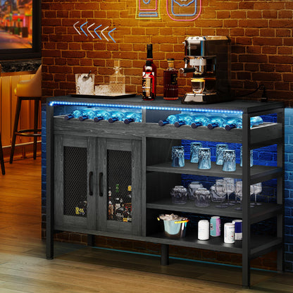 YITAHOME Industrial 47" Wine Bar Cabinet with LED Lights and Power Outlets in Black Oak - WoodArtSupply