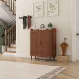 ORRD Shoe Cabinet, 5 Tier Boho Wooden Shoe Storage Organizer Cabinet with Adjustable Shelves, Shoes Rack with Iron Rattan Curved Doors Accent Cabinet for Entryway Hallway Living Room, Walnut ORRD