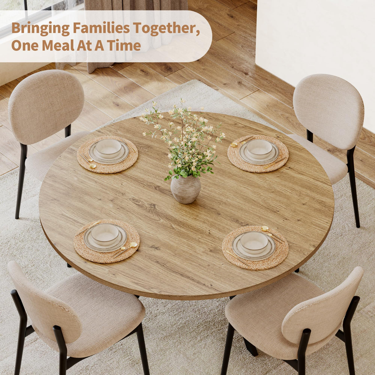 MECHYIN Round Dining Table for 4, 42 Inch Farmhouse Kitchen Table with Storage, Rustic Wooden Circle Dinner Pedestal Table with Metal Legs, Space Saving Kitchen & Dining Room Furniture, Natural Wood MECHYIN