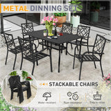 SUNCROWN 7-Piece Outdoor Wrought Iron Chairs and Table Patio Dining Furniture Set - 6 Stackable Metal Chairs, 1 Steel Slat Bistro Table and 1 Brown 9Ft Patio Umbrella for Garden Backyard Deck SUNCROWN
