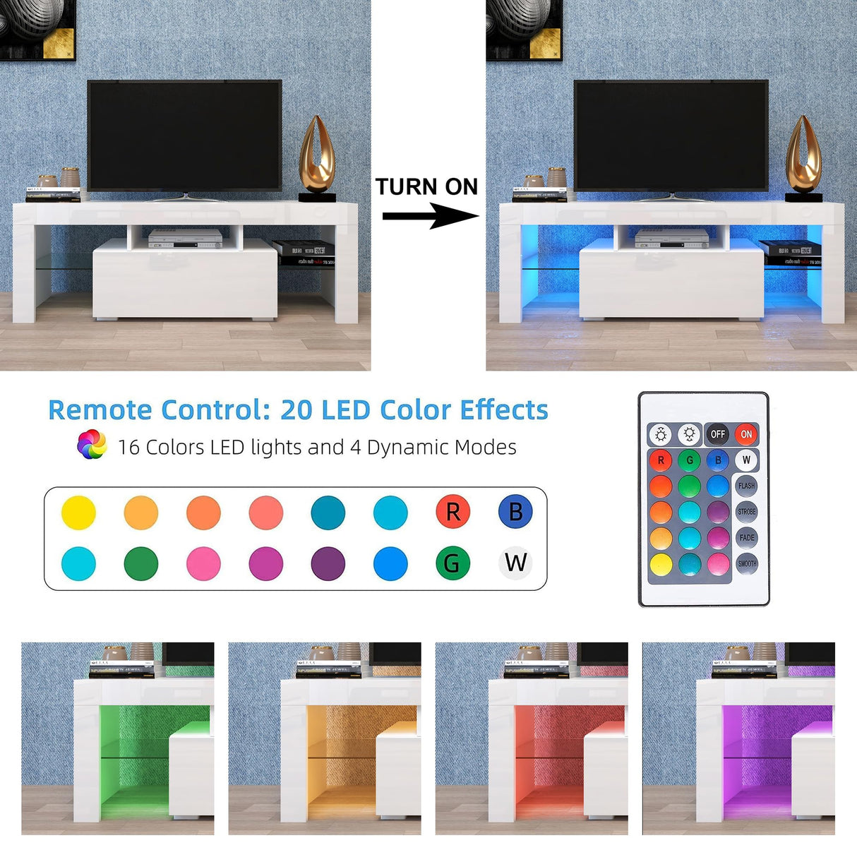 Goujxcy LED TV Stand for 60 inch TVs, High Gloss Entertainment Center with Storage Drawer, Media Console Table Television Stands Cabinet Desk Goujxcy