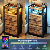 Kitstorack Night Stand with Charger Station and LED Light Rustic Brown Nightstand with Drawers Bedside Table Tall Nightstand 4 Fabric Drawers Kitstorack