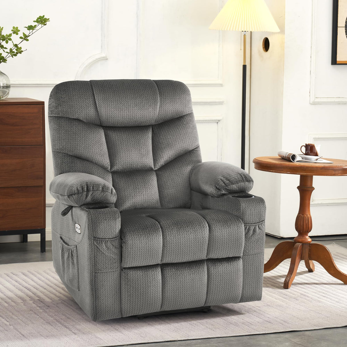 MCombo Power Lift Recliner Chair with Extended Footrest, 2 Cup Holders, USB Ports for Elderly People, Fabric 7286 (Grey) MCombo