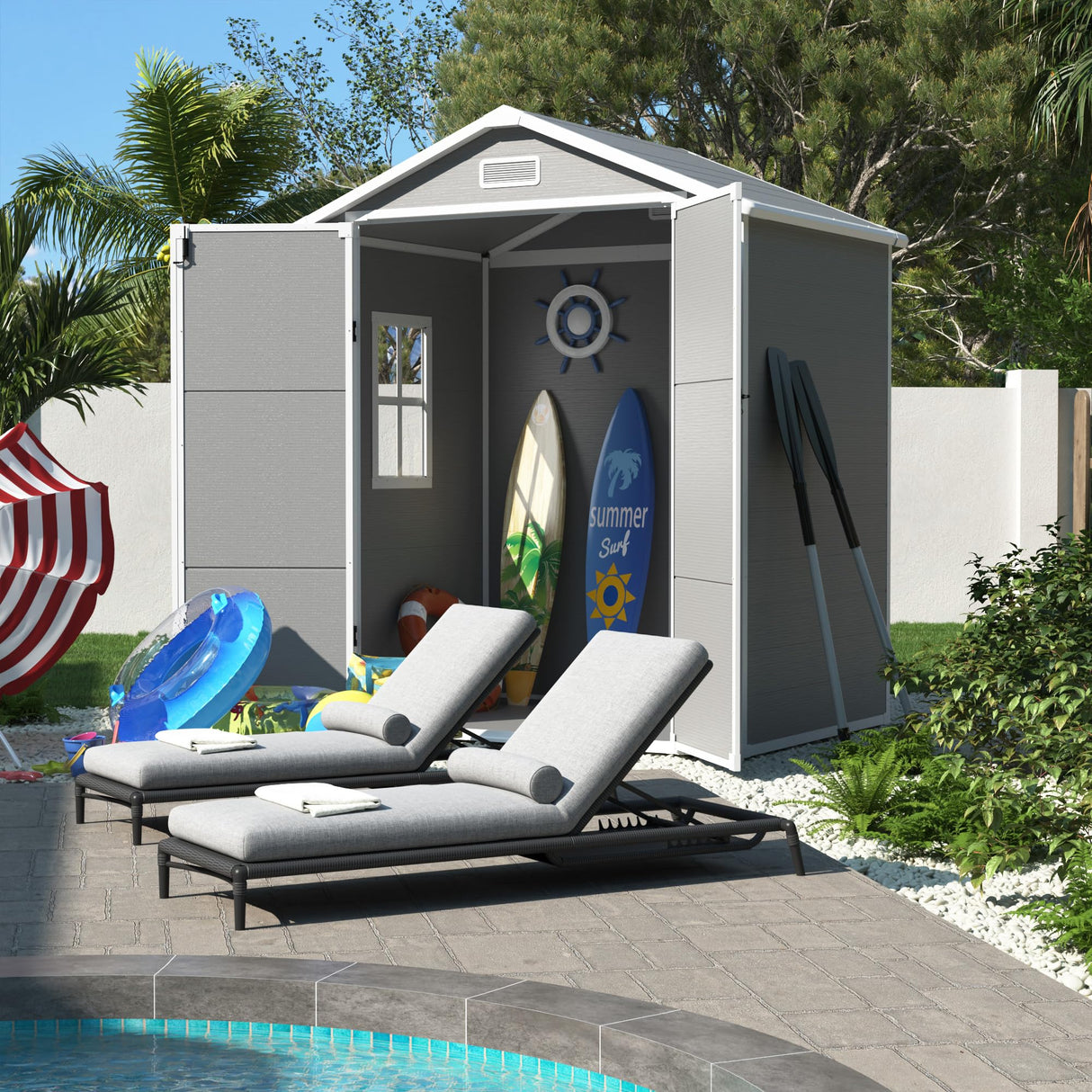 UDPATIO Outdoor Resin Storage Shed 6x4.5 FT, Plastic Garden Shed for Bike, Garbage Can, Tool, Outside Sheds with Lockable Door for Backyard, Patio, Lawn, Grey & White UDPATIO