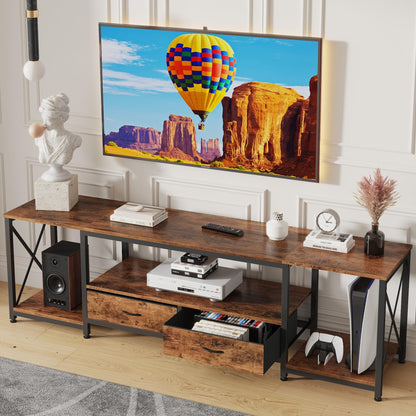 GYIIYUO TV Stand with Fabric Drawers for 65 70 75 Inches TV - Entertainment Center and Industrial TV Console Table with Open Storage Shelves for Living Room, Bedroom - 63" Rustic Brown - WoodArtSupply