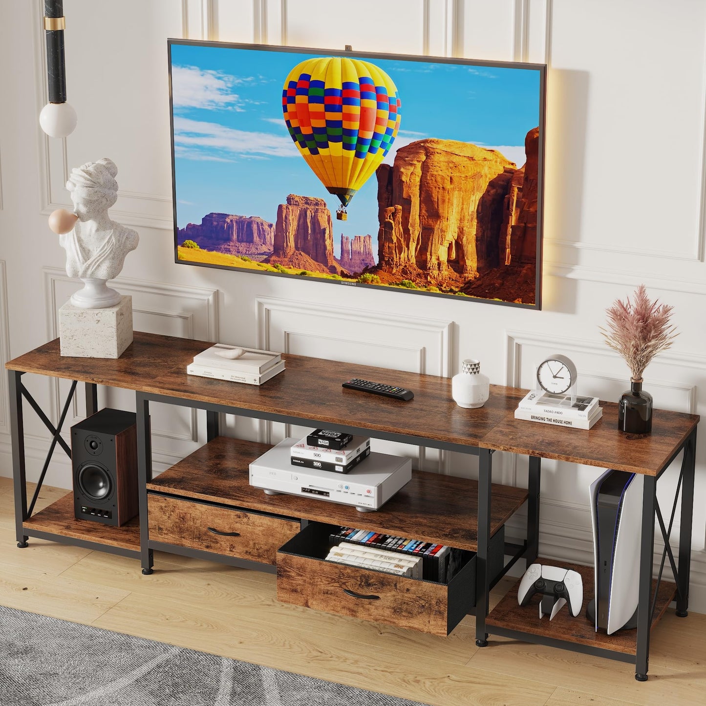 GYIIYUO TV Stand with Fabric Drawers for 80 85 Inches TV - Entertainment Center and Industrial TV Console Table with Open Storage Shelves for Living Room, Bedroom- 79.1" Rustic Brown