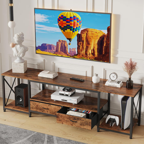 GYIIYUO TV Stand with Fabric Drawers for 80 85 Inches TV - Entertainment Center and Industrial TV Console Table with Open Storage Shelves for Living Room, Bedroom- 79.1" Rustic Brown GYIIYUO