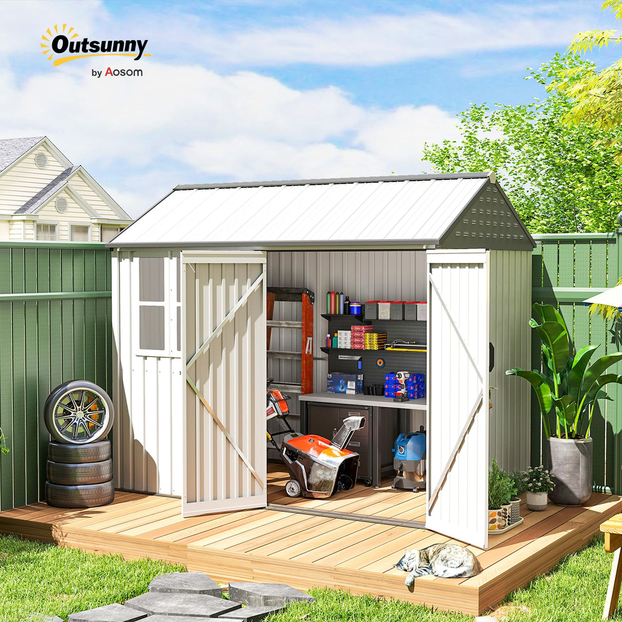 Outsunny 8' x 6' Outdoor Storage Shed, Metal Garden Shed with Window & Double Lockable Door, Outdoor Tool Shed Storage with Sloped Roof for Backyard, Patio, Garage, Lawn, White Outsunny