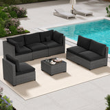 LHBcraft 7 Piece Patio Furniture Set, Outdoor Furniture Patio Sectional Sofa, All Weather PE Rattan Outdoor Sectional with Cushion and Glass Table, Clips LHBcraft