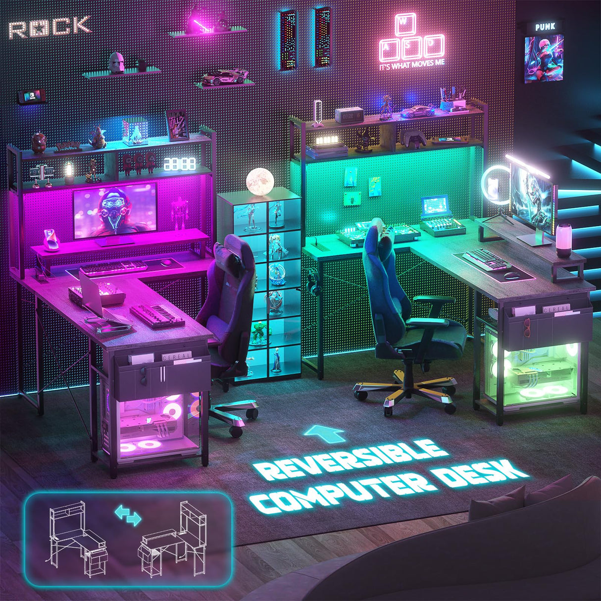 Aheaplus Small L Shaped Gaming Desk with LED Lights & Power Outlets, Reversible L-Shaped Computer Desk with Monitor Stand & Storage Shelf, Corner Desks Home Office Desk with Storage Bag, White Oak Aheaplus