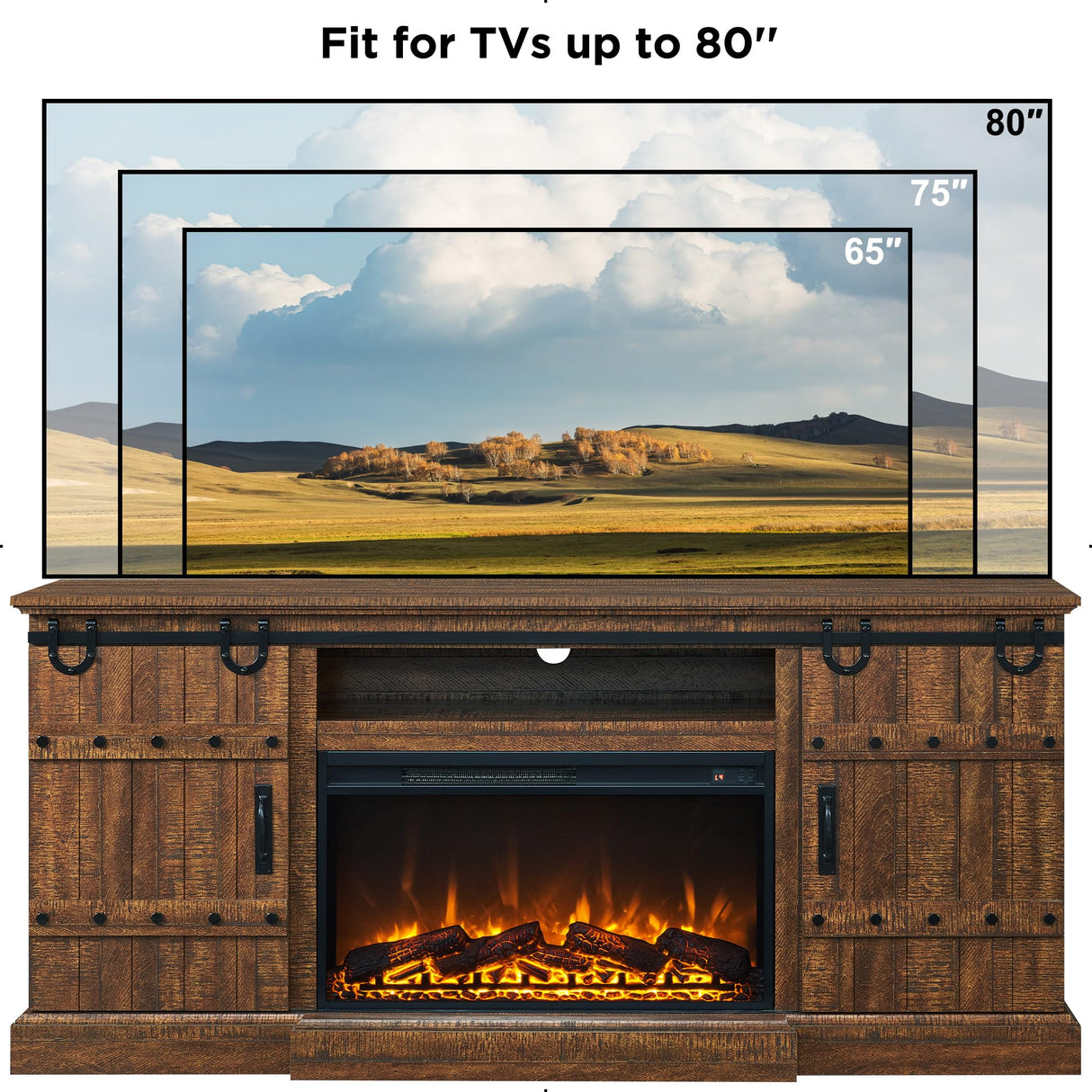 OKD 70" Fireplace TV Stand for 75 80 Inch TV, Farmhouse Highboy Entertainment Center with 30" Electric Fireplace &Sliding Barn Doors, 32" Tall Media Console Cabinet for Living Room, Reclaimed Barnwood OKD