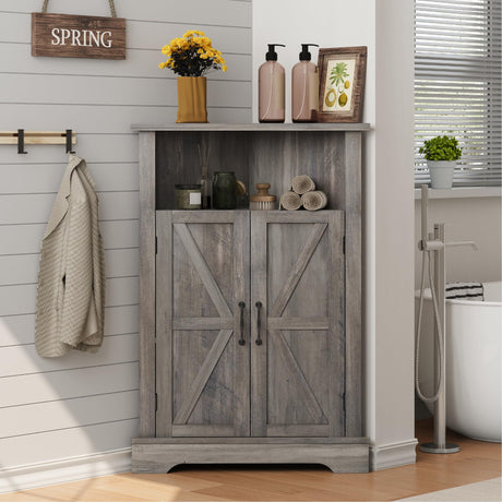 Smuxee Bathroom Corner Storage Cabinet, Farmhouse Floor Corner Cabinet with Barn Door and Adjustable Shelf, Wash Grey Narrow Cabinet Organizer for Bathroom, Living Room, Kitchen Smuxee