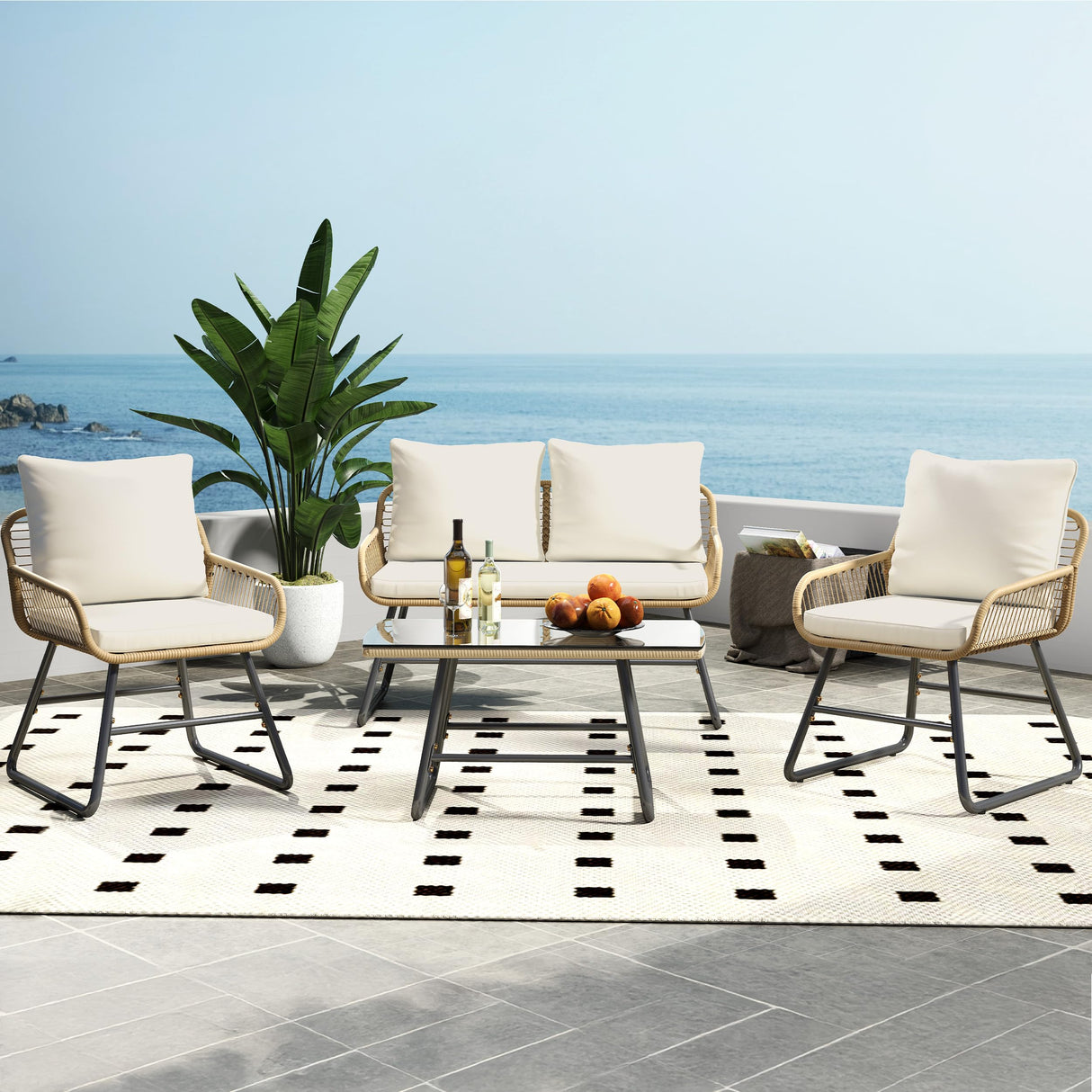 Yaheetech 4 Piece Patio Furniture Set, Outdoor Wicker Conversation Sets, Boho Loveseat & 2 Armchairs with Cushion and Pillow, Glass Top Table for Backyard, Porch, Balcony, Deck - Tan/Cream Yaheetech