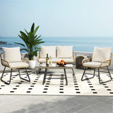 Yaheetech 4 Piece Patio Furniture Set, Outdoor Wicker Conversation Sets, Boho Loveseat & 2 Armchairs with Cushion and Pillow, Glass Top Table for Backyard, Porch, Balcony, Deck - Tan/Cream Yaheetech