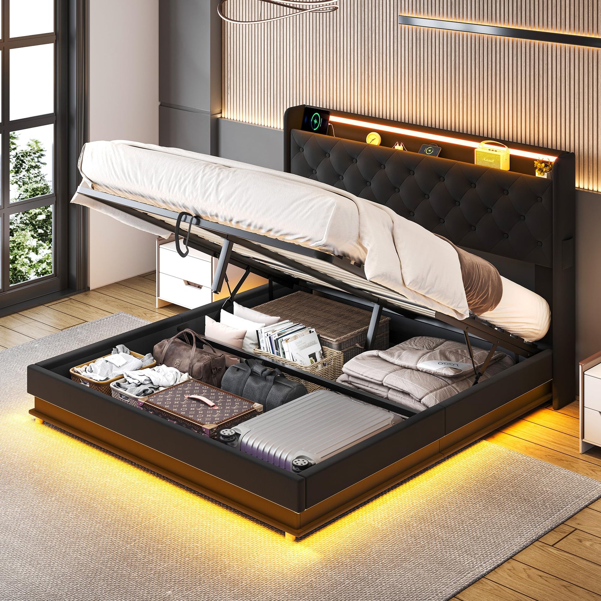 Ailisite Full Size Hydraulic Lift Storage Bed Frame with USB Charging Station & LED Lights in Black - WoodArtSupply