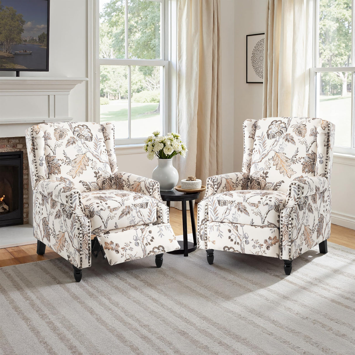 Pushback Recliner Chair, Floral Fabric Wingback Recliner Chair, Upholstered Armchair Push Back Recliner, Rivet Trim Single Sofa Accent Chair with Wood Legs for Living Room, Plants Beige Lumibee