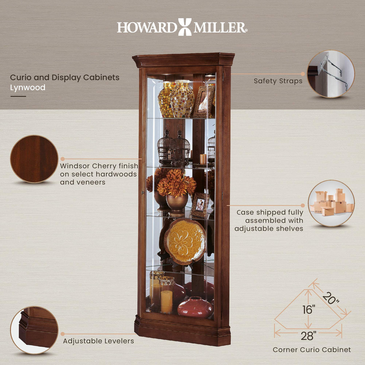 Howard Miller Lynwood Corner Curio Cabinet 680-345 – Windsor Cherry Glass Case with Light Howard Miller