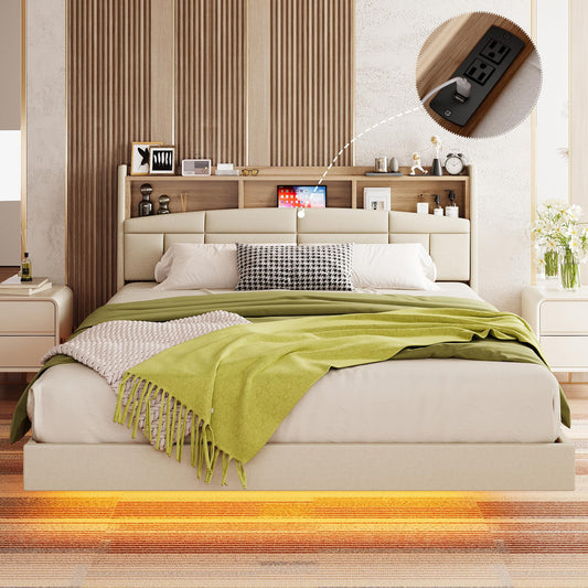 ANTCOR Elevated Queen Bed Frame with Bookcase Headboard and LED Charging Station - WoodArtSupply