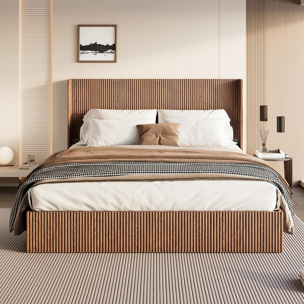 Lift Up Storage Bed King Size, King Bed Frame with Headboard and Lift Storage System, Wood Headboard with Wing-Back and Convex Groove Board Design Bellemave