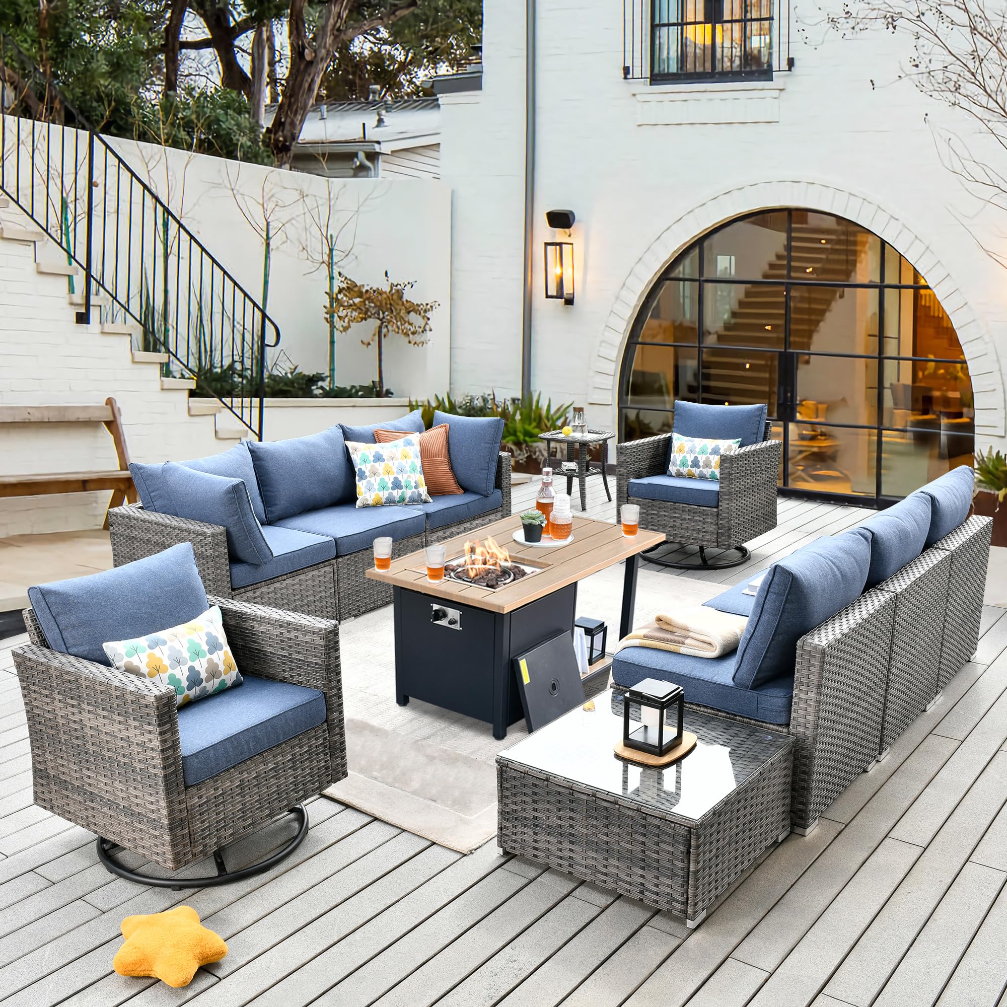 CAODOC 11 Pieces Outdoor Patio Furniture Set, Rattan Wicker Sectional Swivel  Rocker Chairs Sets with Fire Pit, Swivel Glider Chairs, and Coffee Table –  WoodArtSupply