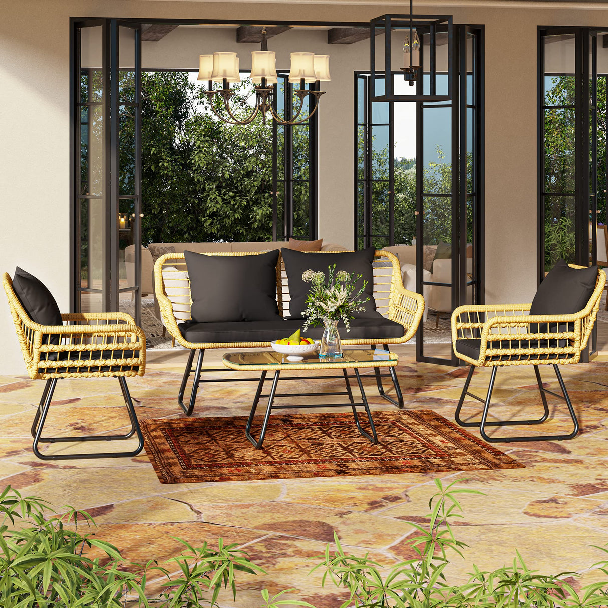 YITAHOME Patio Furniture Wicker Outdoor Bistro Set, 4-Piece All Weather Patio Furniture Rattan Conversation Loveseat Sets for Backyard, Balcony and Deck, Light Brown+Black YITAHOME
