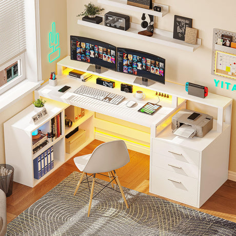 YITAHOME L Shaped Desk with 3 Drawers, 65" Corner Computer Desk with Power Outlets & LED Lights, L-Shaped Desk with File Cabinet & Printer Stand for Home Office, White YITAHOME