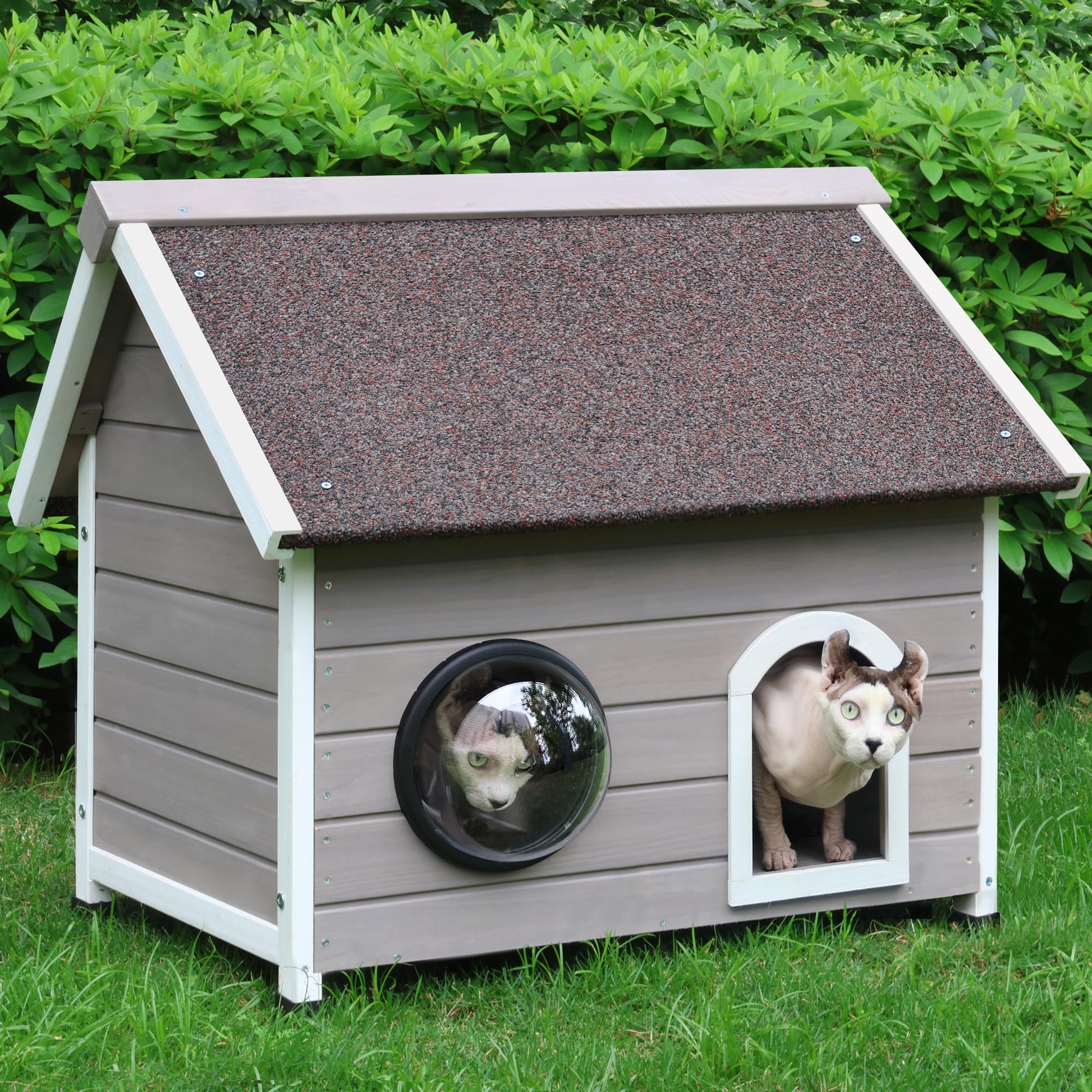 HiCaptain Outdoor Cat House for Feral Cats, Weatherproof Wooden Cat House Ideal Outdoor Shelter for Cats with Escape Door, Clear Window and Attic, Large Interior Space (Grey) - WoodArtSupply