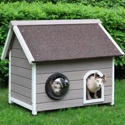 HiCaptain Outdoor Cat House for Feral Cats, Weatherproof Wooden Cat House Ideal Outdoor Shelter for Cats with Escape Door, Clear Window and Attic, Large Interior Space (Grey) - WoodArtSupply